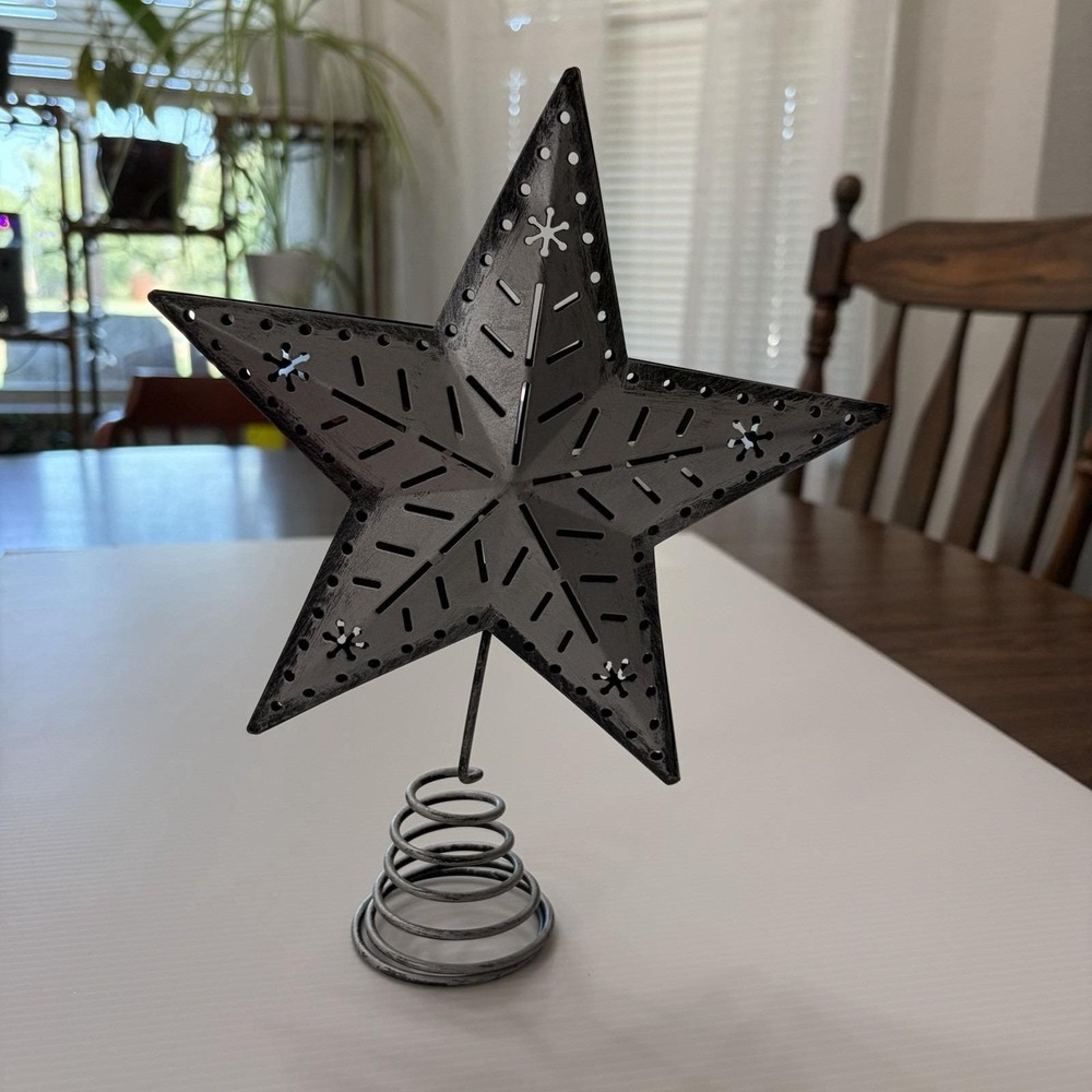 Vintage 1990s Tree Topper Silver Metal Star Spring Base Rustic Christmas